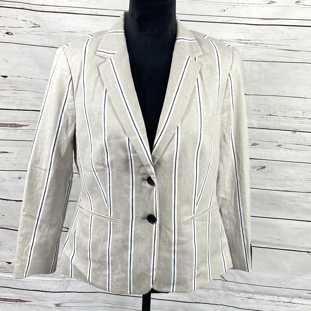 Banana Republic Women's Linen‎ Blend Blazer Stretch Beige Stripes Size 10 New